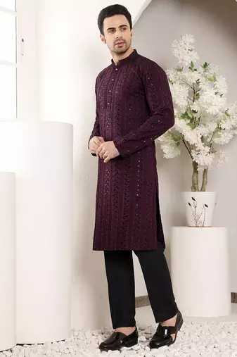 maroon viscose embroidered kurta pajama
