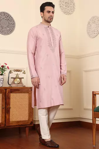 pink viscose embroidered kurta pajama