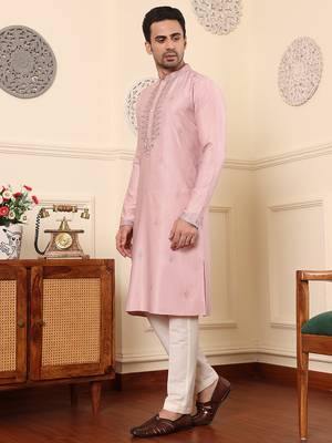 pink viscose embroidered kurta pajama 4