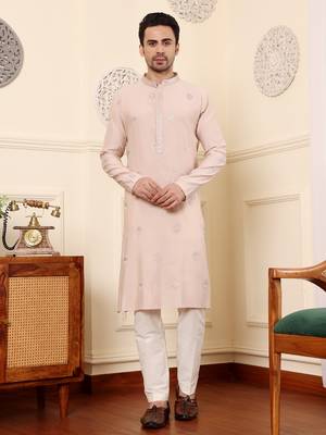 cream viscose embroidered kurta pajama 1