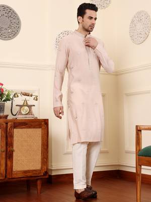 cream viscose embroidered kurta pajama 3