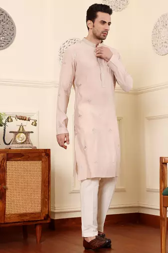 cream viscose embroidered kurta pajama