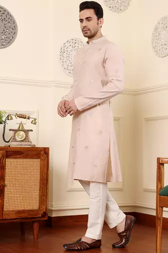 cream viscose embroidered kurta pajama