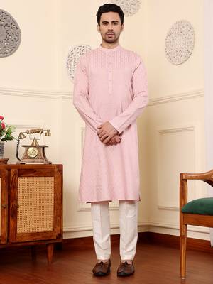 pink viscose embroidered kurta pajama 1