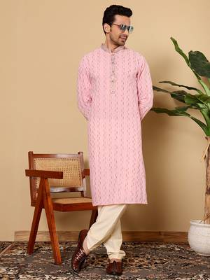 Pink viscose embroidered kurta pajama 3