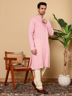 Pink viscose embroidered kurta pajama 4