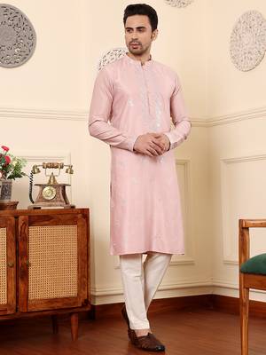 pink silk embroidered kurta pajama 1