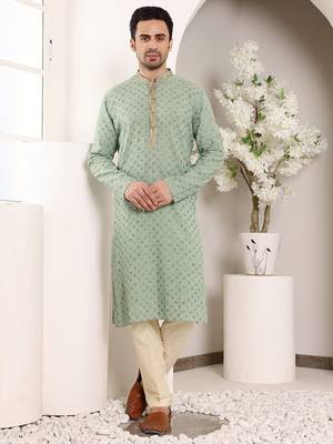 Green viscose embroidered kurta pajama 1