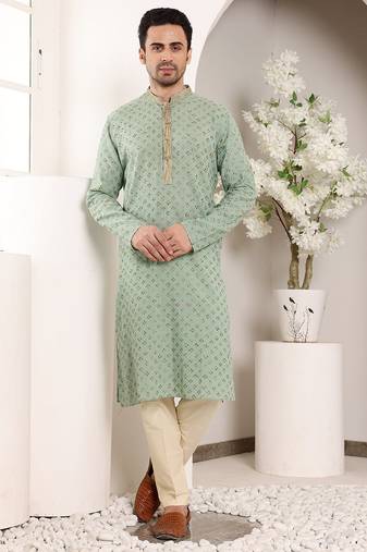 Green viscose embroidered kurta pajama