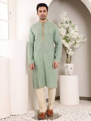 Green viscose embroidered kurta pajama 2