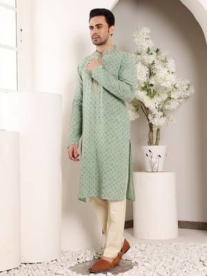 Green viscose embroidered kurta pajama 3