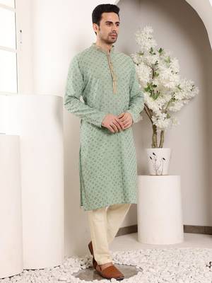 Green viscose embroidered kurta pajama 4