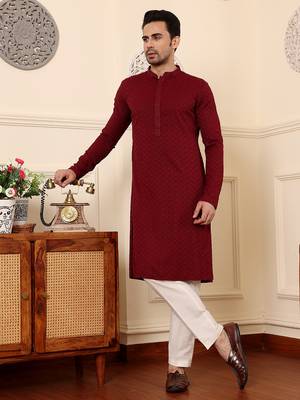 Red viscose embroidered kurta pajama 2