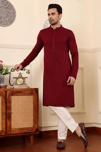 Red viscose embroidered kurta pajama