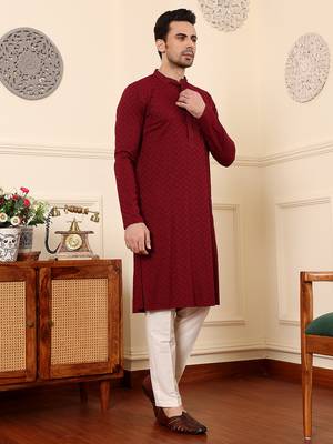 Red viscose embroidered kurta pajama 3