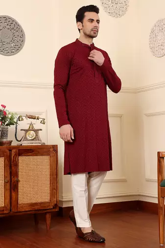 Red viscose embroidered kurta pajama