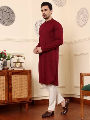 Red viscose embroidered kurta pajama 4