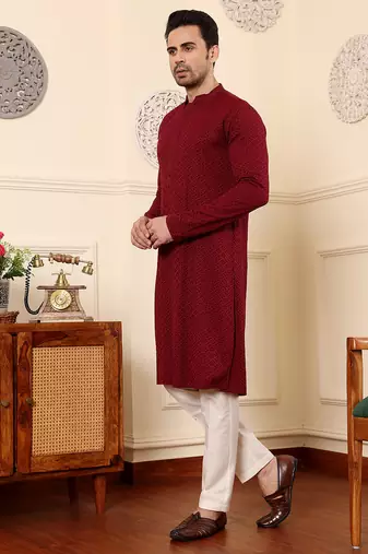 Red viscose embroidered kurta pajama