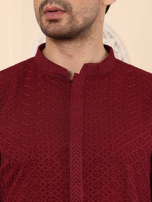 Red viscose embroidered kurta pajama 5