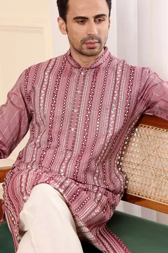 Pink cotton embroidered kurta pajama