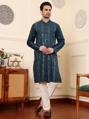 Teal blue cotton embroidered kurta pajama 1