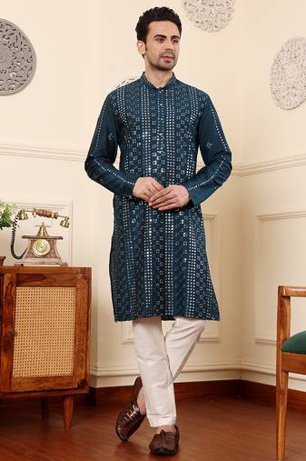 Teal blue cotton embroidered kurta pajama