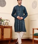 Teal blue cotton embroidered kurta pajama