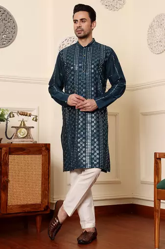 Teal blue cotton embroidered kurta pajama