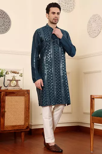 Teal blue cotton embroidered kurta pajama