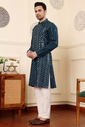 Teal blue cotton embroidered kurta pajama