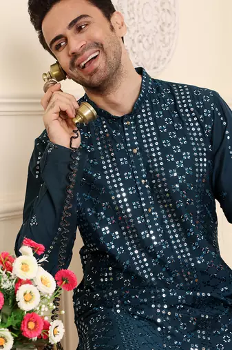 Teal blue cotton embroidered kurta pajama