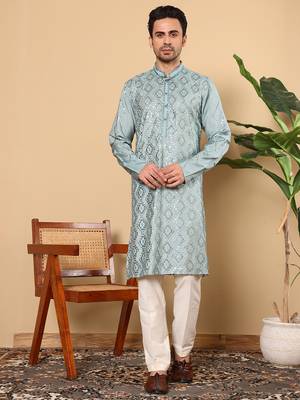 Teal green embroidered kurta pajama 1