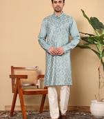 Teal green embroidered kurta pajama