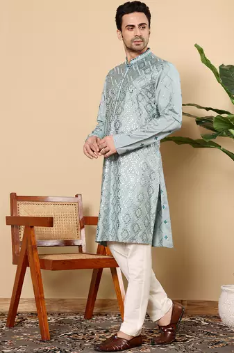 Teal green embroidered kurta pajama