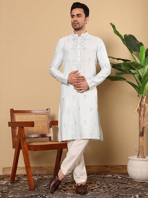 Off white viscose embroidered kurta pajama 1