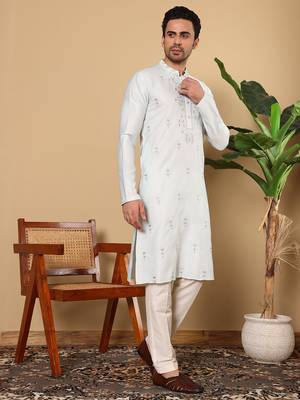 Off white viscose embroidered kurta pajama 3
