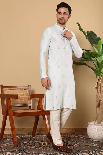 Off white viscose embroidered kurta pajama