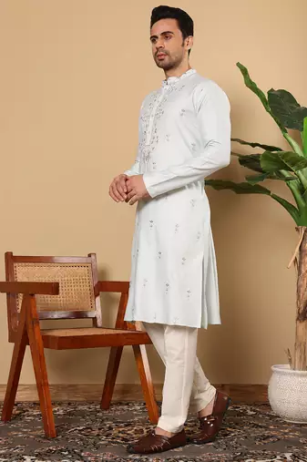 Off white viscose embroidered kurta pajama