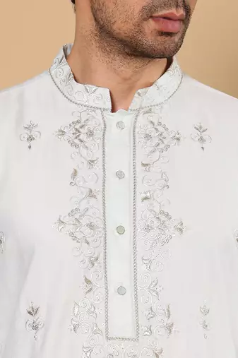 Off white viscose embroidered kurta pajama