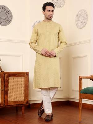 Yellow viscose embroidered kurta pajama 1
