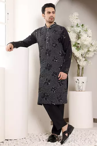 Grey viscose embroidered kurta pajama
