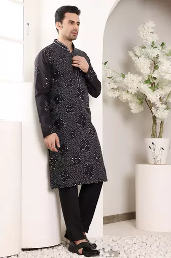 Grey viscose embroidered kurta pajama
