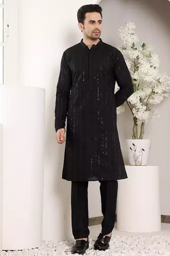 Black viscose embroidered kurta pajama