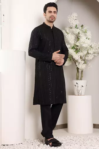 Black viscose embroidered kurta pajama