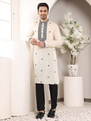 Cream silk embroidered kurta pajama 1