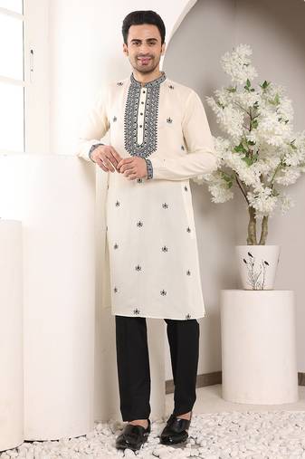 Cream silk embroidered kurta pajama