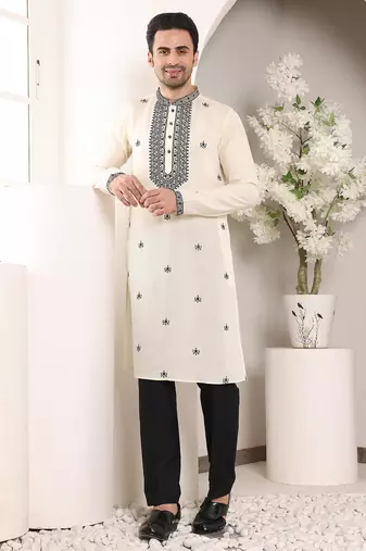 Cream silk embroidered kurta pajama