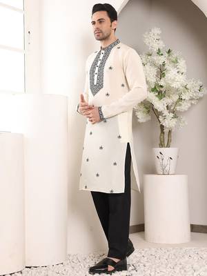 Cream silk embroidered kurta pajama 3