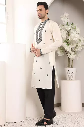 Cream silk embroidered kurta pajama