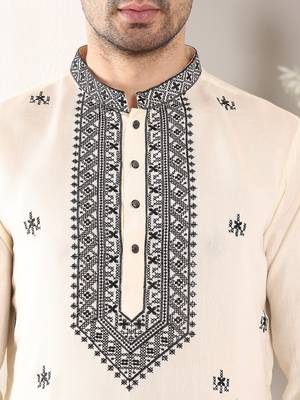 Cream silk embroidered kurta pajama 4